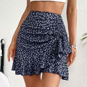 Floral Print Drawstring Ruched Ruffle Hem Skirt